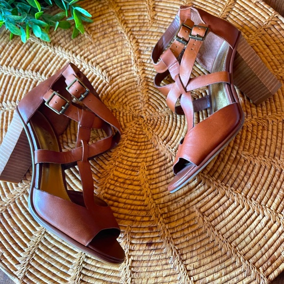 Lauren Ralph Lauren Shoes - {Lauren by Ralph Lauren} Leather Camel Color Stacked Heel Sandals